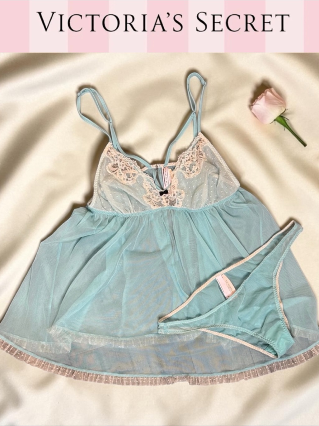 Vintage Victoriaâs Secret Y2k Sheer Lace Aqua Baby Doll Camisole Panty Set *Nwt*